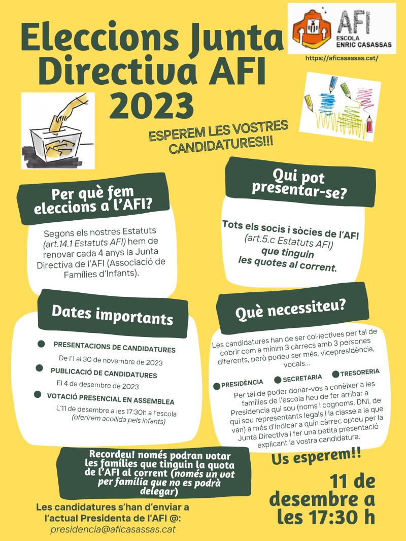 Convocatòria ELECCIONS Nova Junta Directiva de l’AFI Enric Casassas 2023